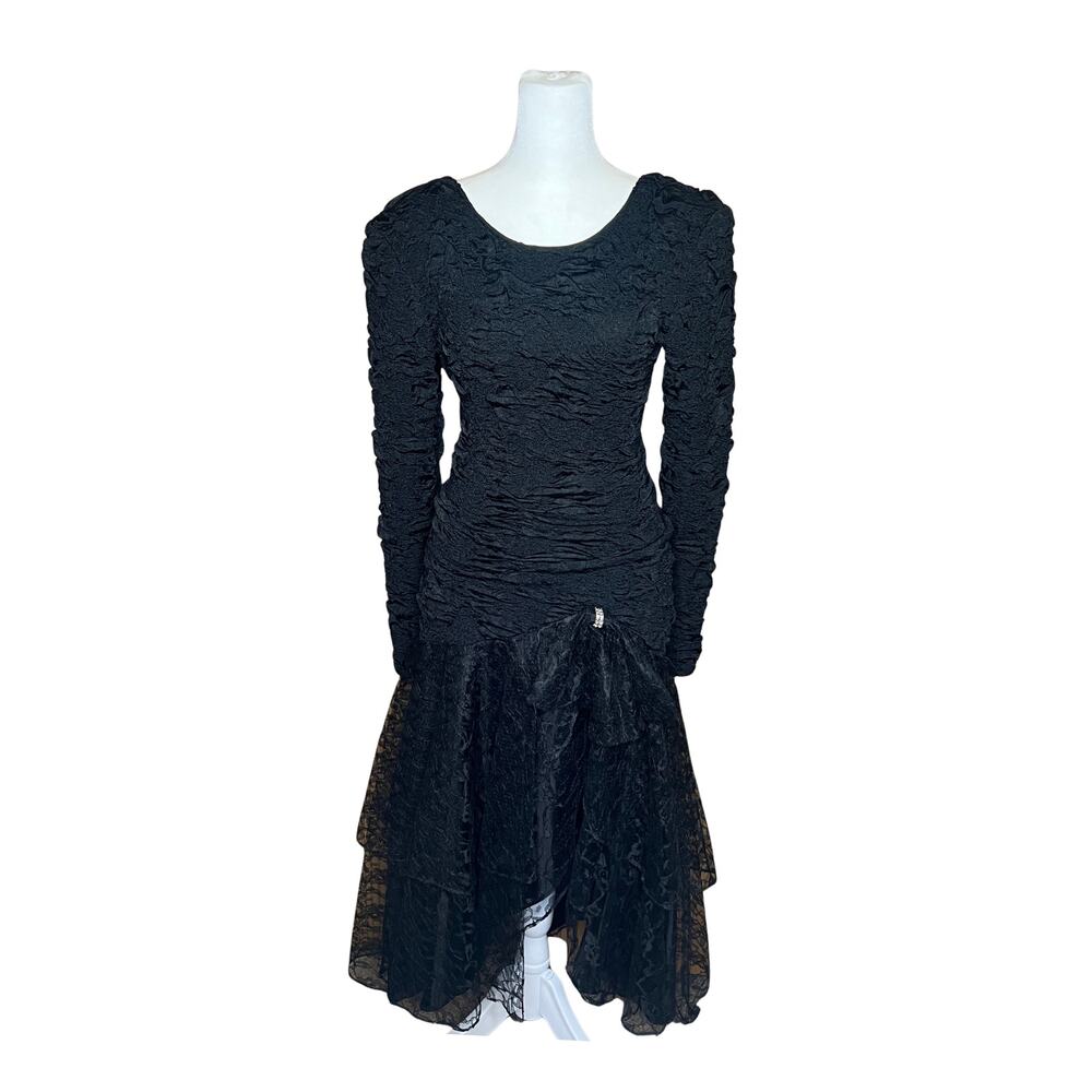 Vtg 80s Frederick's of Hollywood Dress Lace Bow Drop Waist Witchy Goth Halloween